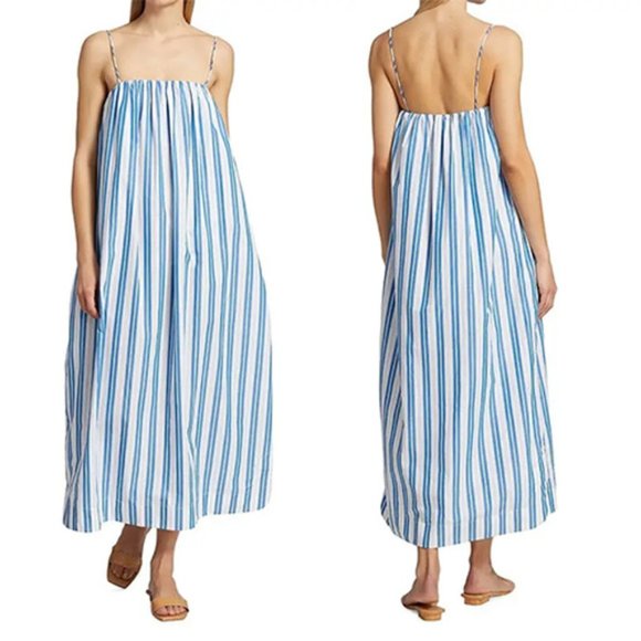 Ganni Dresses & Skirts - Ganni Striped Organic Cotton Spaghetti Strap Maxi Dress Blue White Size: 2 NWOT